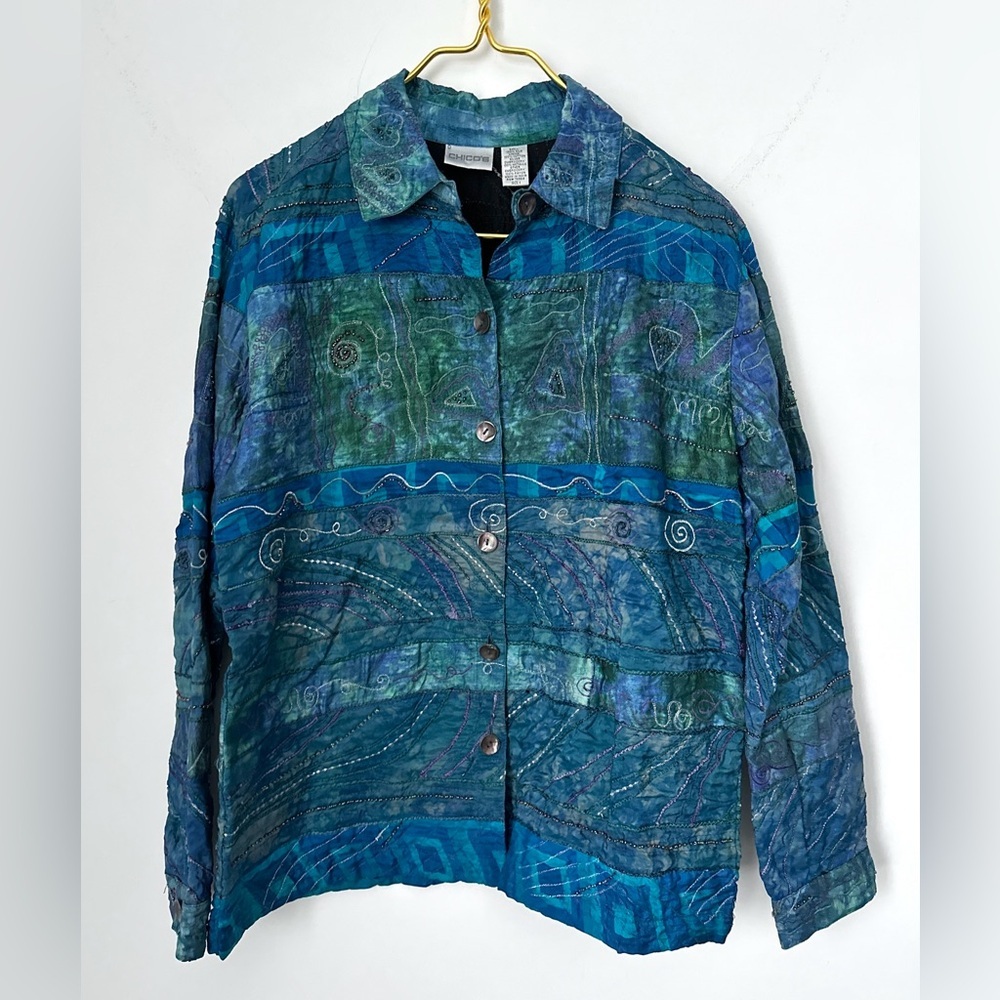 Chico’s Blue Green Beaded Art Silk Button Up Shirt Jacket Size 1 (US M) FLAW